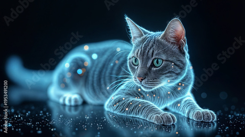 Futuristic glowing digital cat portrait cyberpunk technology concept