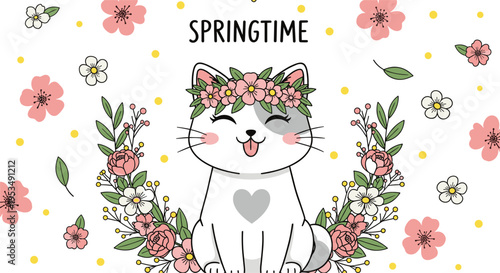 Cute Cat with Flower Crown Springtime Cartoon Floral Animal Vector Illustration