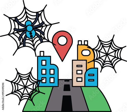 Spider webs hang over city buildings