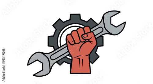 Flat illustration of a clenched fist holding a wrench in front of a gear on a white background with bold lines and bright red and gray colors.