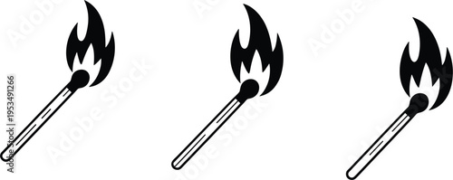 Burning matchstick icons set, flame symbols collection for fire ignition and hazard design vector