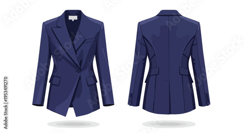 Elegant dark blue women's blazer, showcasing front and back views, ideal for professional settings and sophisticated business attire, a classic
