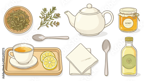 Natural food and beverage vector illustration herbal tea leaves, golden honey, fresh lemon, a teapot, and serving accessories for a comforting, healthy drink