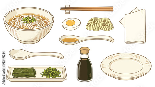 An inviting collection of various Japanese food and beverage items, including ramen, condiments, and side dishes
