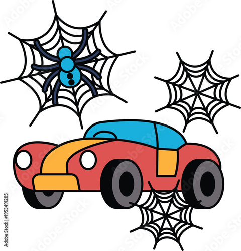Black-and-white cartoon car with spiderwebs overhead