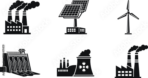 Energy generation icons set with solar panels wind turbine hydro dam nuclear plant and industrial factory pollution, renewable and nonrenewable power sources vector illustration
