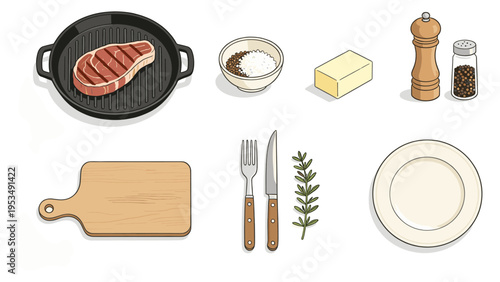 Isometric set of various food and culinary elements for a grilled steak meal. Features cast iron pan, butter, seasonings, cutting board, and dining cutlery, ideal for recipe illustrations