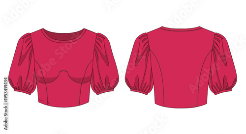 Magenta cropped blouse flat sketch with puff sleeves round neck tailored bust detail for apparel fashion design projects and technical documentation