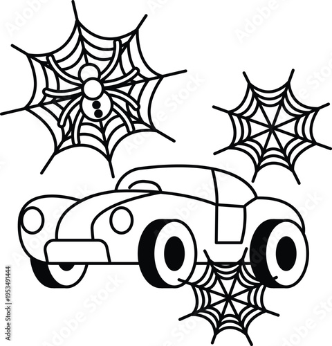 Black-and-white cartoon car with spiderwebs overhead