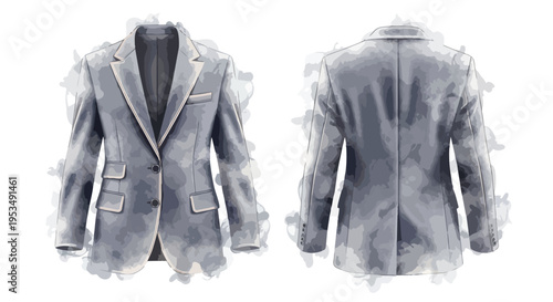 Elegant hand-drawn grey blazer artwork in a distinctive watercolor style. This sophisticated menswear illustration captures classic fashion with a