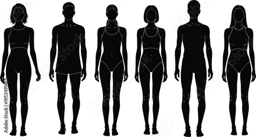 Human body silhouettes set with male and female figures, front view anatomy shapes, fitness and health concept, realistic proportions vector illustration isolated on white background