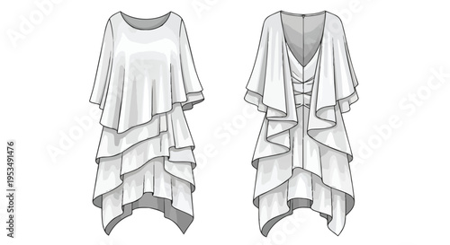 Fashion flat sketch showcasing a graceful layered tunic dress design with cascading ruffles from front to back an elegant apparel illustration for