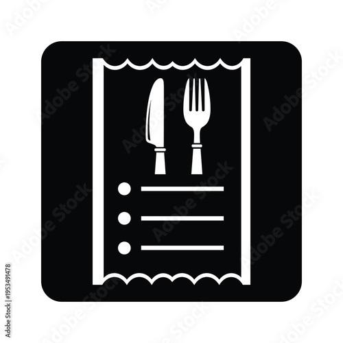 Restaurant Menu Icon: Fork, Knife, and List with Bullet Points
