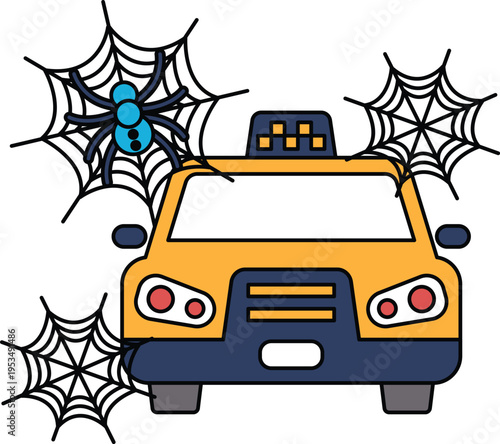 Spider webs cling to a cartoon taxi