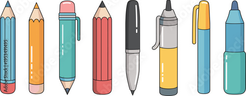 Colorful stationery set, pencils pens and markers collection for school office supplies design vector