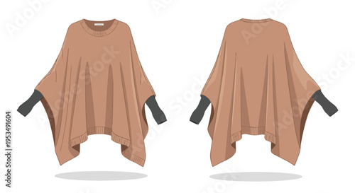 Fashion illustration of a loose-fitting camel-colored poncho with dark grey sleeves, presented in front and back views for versatile apparel design