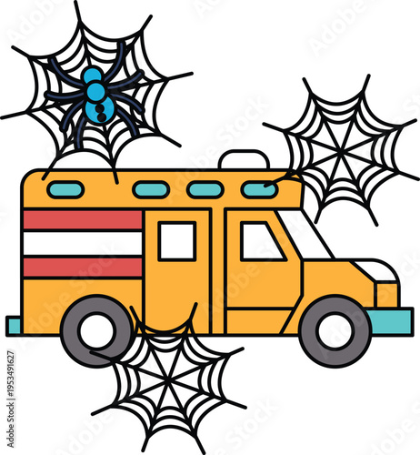 Spiders hang above a campervan