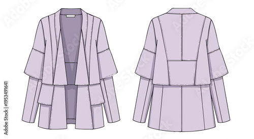 Contemporary women's fashion flat technical drawing showcasing a stylish purple layered draped jacket design front and back views ideal for garment
