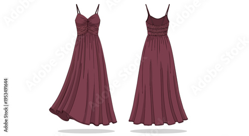 Elegant flowing maroon gown with delicate spaghetti straps and ruched bodice, showcasing front and back views a versatile fashion piece