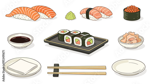 A vibrant graphic collection of various Japanese food elements, featuring a delightful set of sushi, maki, nigiri, and traditional condiments for culinary themes