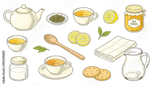 Vibrant illustration set featuring an elegant collection of various food and beverage essentials, perfect for a soothing tea time experience