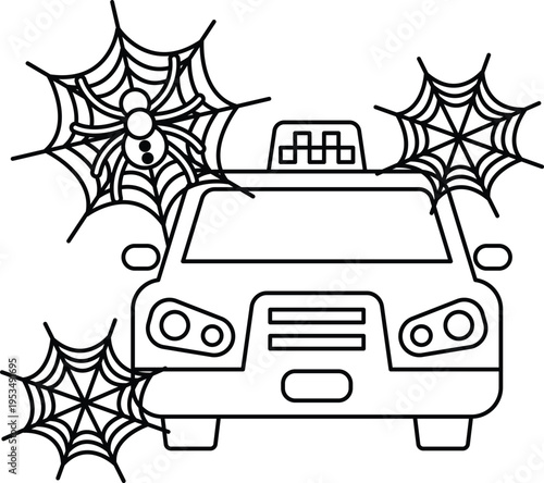 Spider webs cling to a cartoon taxi