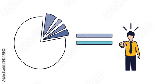 Consumer data analysis and target audience selection featuring a pie chart next to a man pointing towards potential customers.