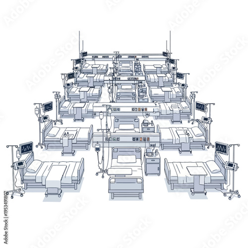 Hospital Ward Illustration with Multiple Beds and Medical Equipment