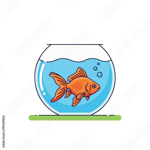 A cartoon goldfish swims in a glass bowl with water and bubbles