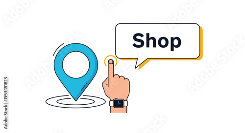 Location-based shopping and mobile commerce technology showing a map pin icon being activated by a hand with a smart watch.