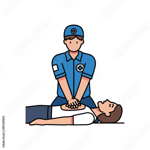 Paramedic performing CPR life saving chest compressions illustration
