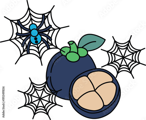 Spider webs hang above a pumpkin and eggs