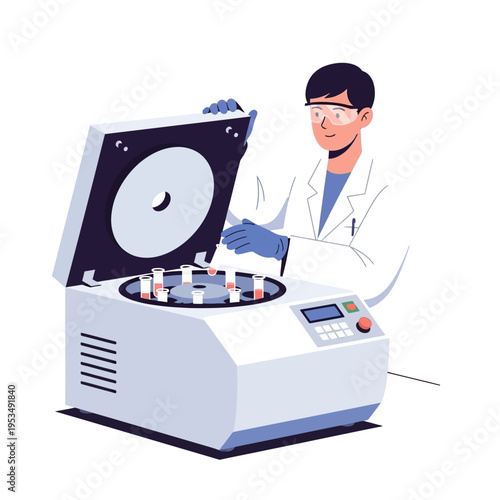 Male scientist using a laboratory centrifuge machine illustration
