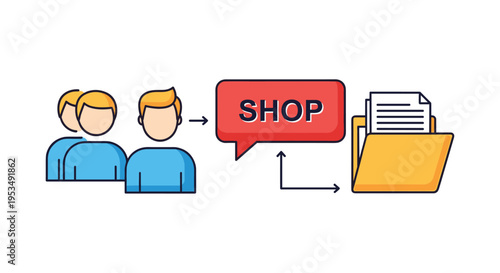 Customer data management and retail analytics concept showing a group of consumers linked to an online shop and a data folder.