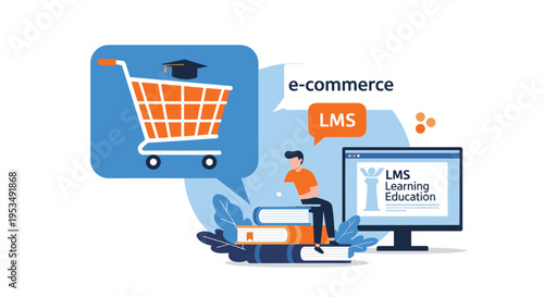 Learning management system and e-commerce for education showing a student using a laptop next to a shopping cart with a cap.