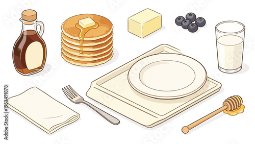 Set elements various food and beverage collection featuring fluffy pancakes, maple syrup, fresh blueberries, milk, butter, and breakfast utensils