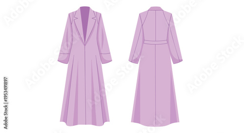 Elegant long lavender overcoat design, showcasing a sophisticated front and rear view for fashion illustration, a perfect garment blueprint for