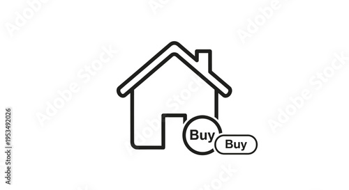 Real estate investment and online property purchase concept showing a simple house icon with multiple digital buy buttons.