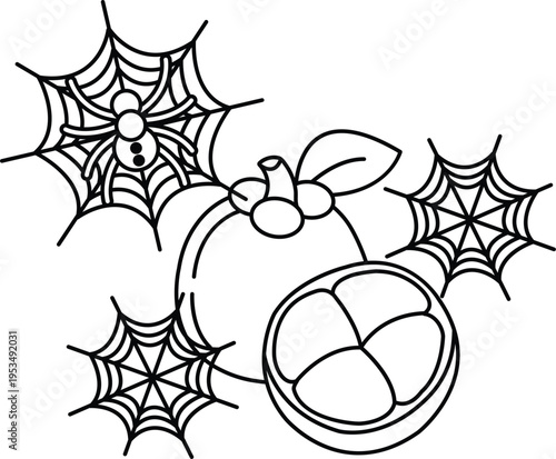 Spider webs hang above a pumpkin and eggs