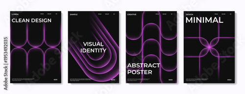 Modern poster collection featuring purple neon glowing shapes, smooth curves, and abstract geometric compositions on dark backgrounds. Ideal for branding, digital marketing, social media visuals