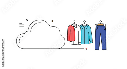 Cloud-based inventory management for the fashion industry showing a digital cloud next to shirts and trousers on a clothing rack.