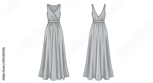 Elegant Sleeveless Maxi Dress Technical Flat Sketch for Fashion Apparel Design and Illustration