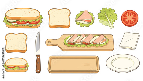 A comprehensive set of various food elements and fresh ingredients for sandwich preparation, offering a delightful collection featuring classic components for a quick and satisfying meal