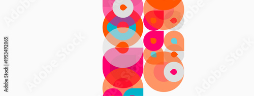 Abstract composition featuring overlapping circles. Pink, orange, turquoise hues dominate white background. Modern, playful design.