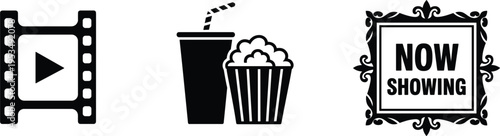 Cinema icons set, film frame popcorn drink and now showing sign for movie design