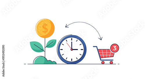 Time management and financial investment in retail growth showing a money plant next to a clock and a full shopping cart.