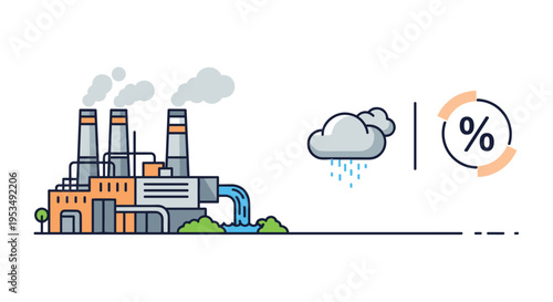 Industrial pollution monitoring and environmental statistics showing a factory with smoke next to a rain cloud and data chart.