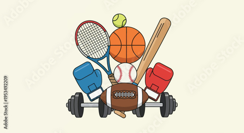 Sports equipment collection athletic gear icons.