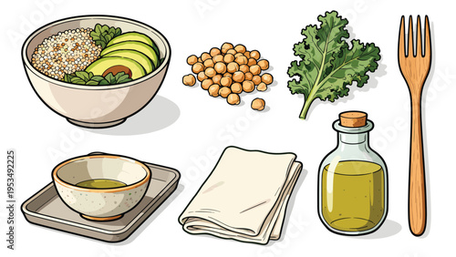 Collection of healthy food ingredients, including a grain bowl with avocado, kale, chickpeas, olive oil, and a fork, for nutritious meal preparation