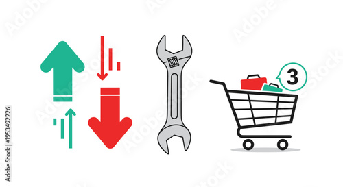 Business maintenance and sales performance fluctuations showing up and down arrows next to a wrench and a shopping cart.